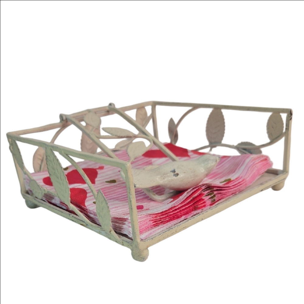 Shabby Chic Cottage Cream/Off White Metal Napkin Holder with Bird Vine Design